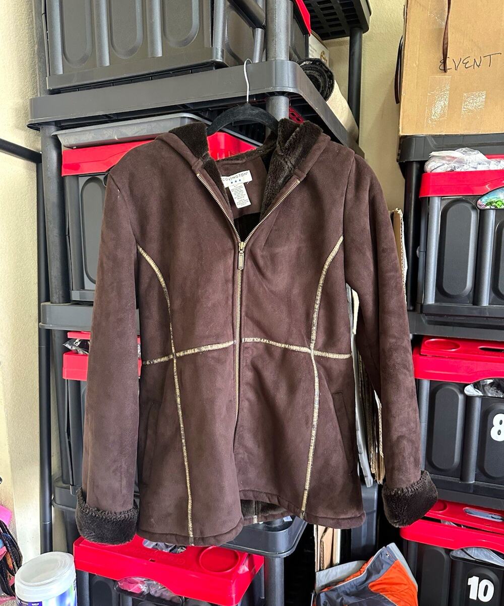 Covington Women's Brown Faux Suede Hooded Jacket Faux Fur Trim Full Zip S